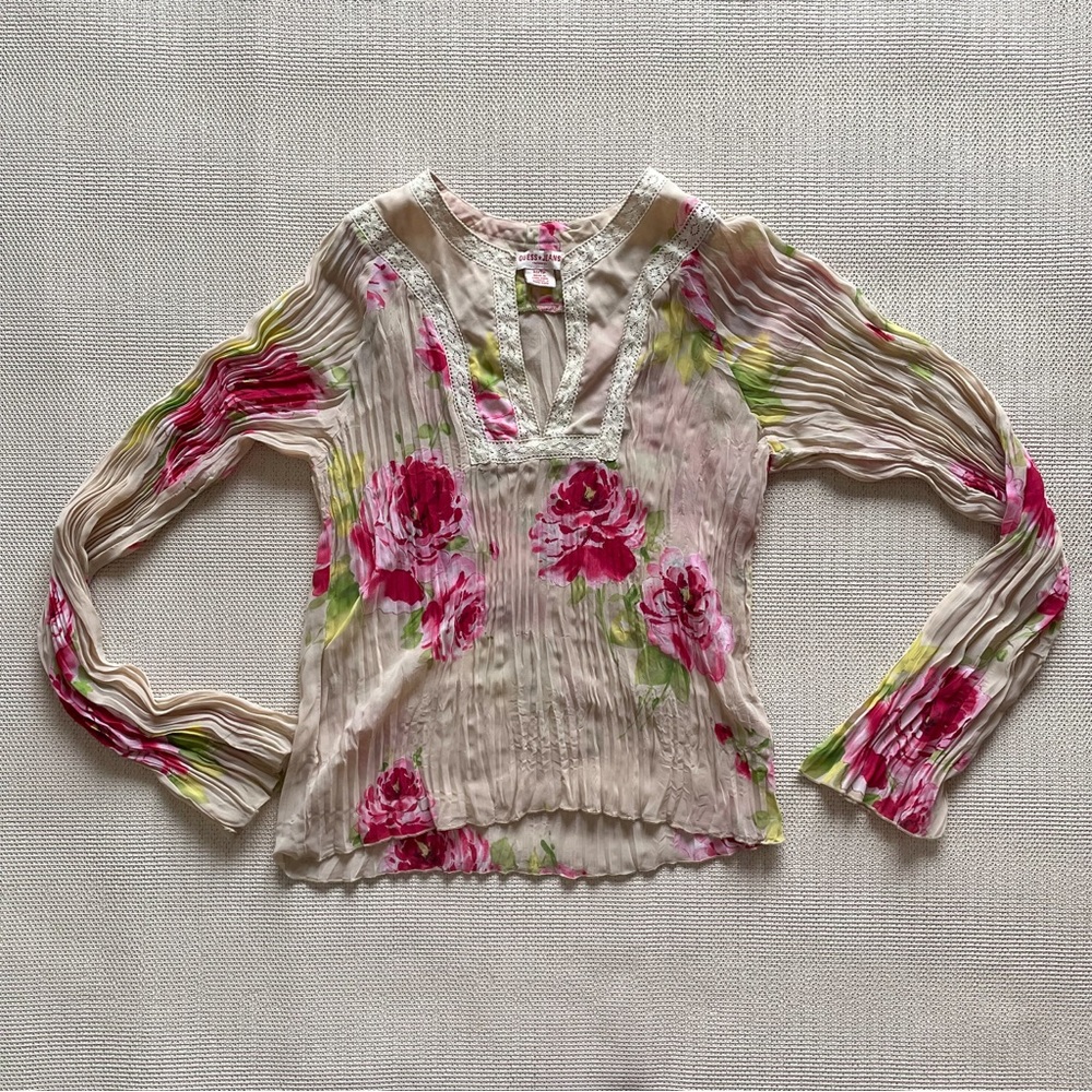 Vintage Y2K Boho Guess sheer pink floral blouse bell sleeve fairy top